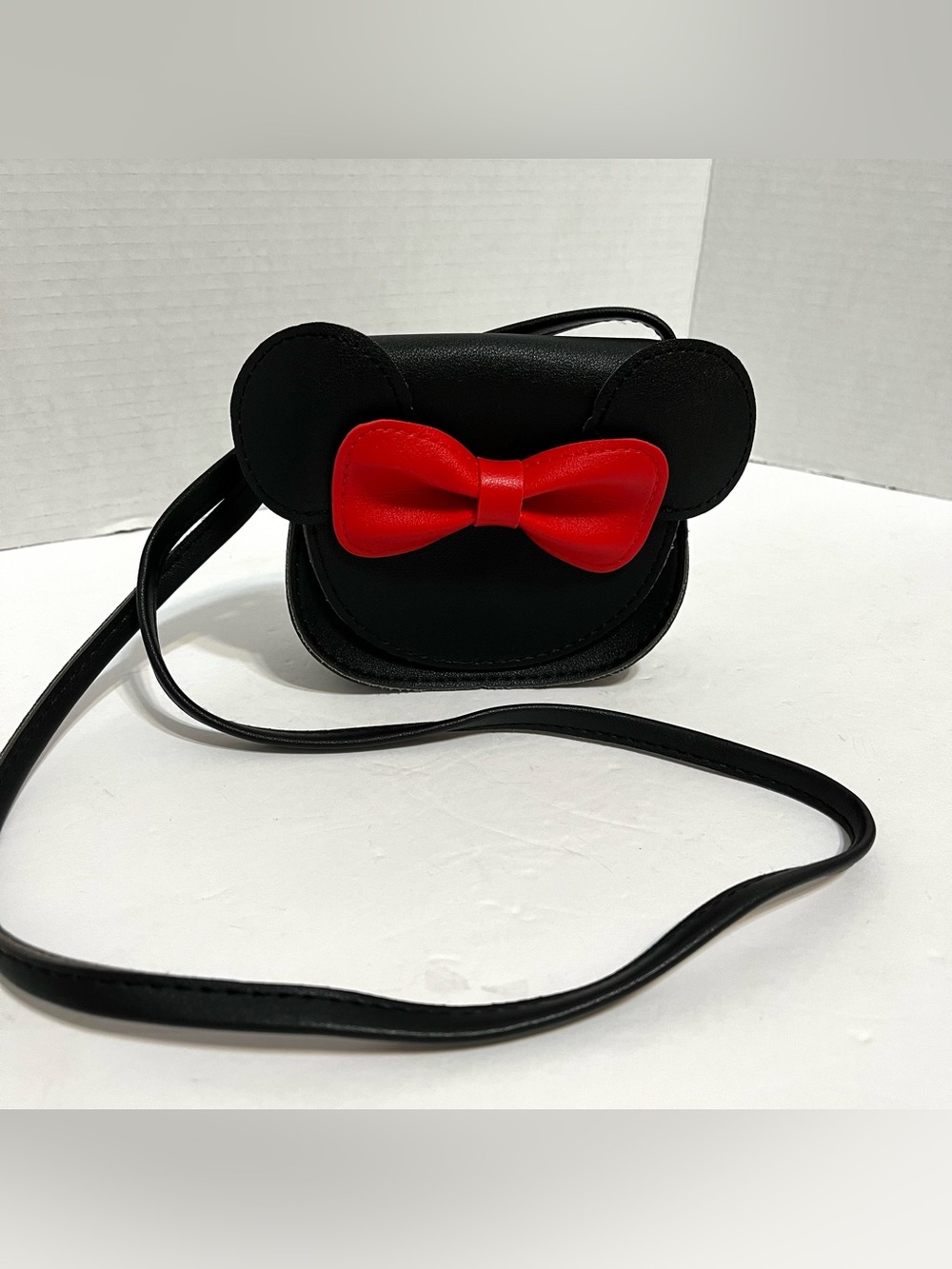 Black Leather Mouse Mini Crossbody Bag with Red Bow